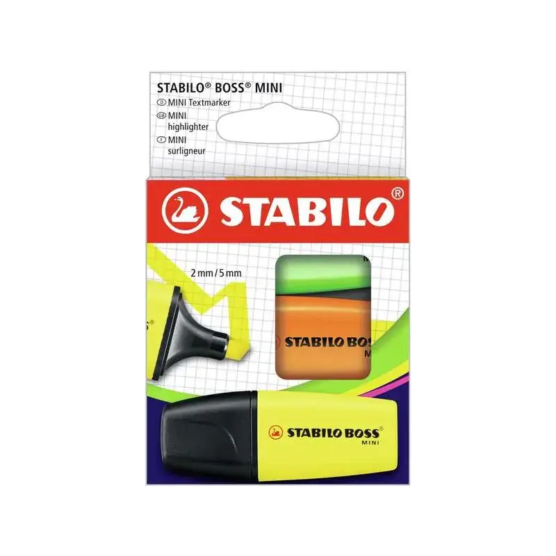 Stabilo Boss Mini Pack de 3 Marcadores Mini Fluorescentes - Trazo entre 2 y 5mm - Tinta con Base de Agua - Antisecado - Colores