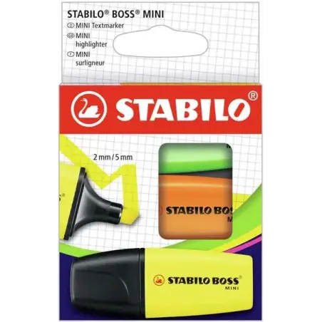Stabilo Boss Mini Pack de 3 Marcadores Mini Fluorescentes - Trazo entre 2 y 5mm - Tinta con Base de Agua - Antisecado - Colores