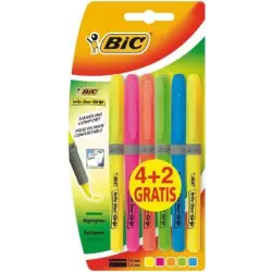 Bic Brit Liner Grip 4+2 Pack de 6 Marcadores Fluorescentes - Tinta con Base de Agua - Punta Biselada - Trazo entre 1.60 y 3.30mm