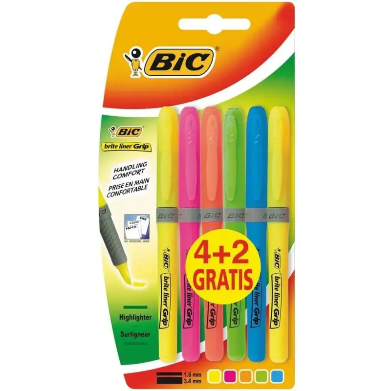 Bic Brit Liner Grip 4+2 Pack de 6 Marcadores Fluorescentes - Tinta con Base de Agua - Punta Biselada - Trazo entre 1.60 y 3.30mm