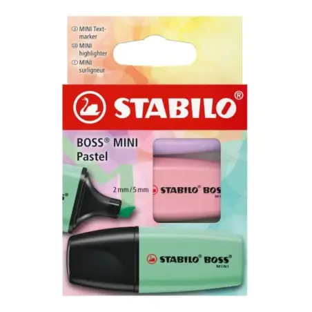 Stabilo Boss Mini Pastel Pack de 3 Marcadores Fluorescentes - Trazo entre 2 y 5mm - Tinta con Base de Agua - Antisecado - Colore