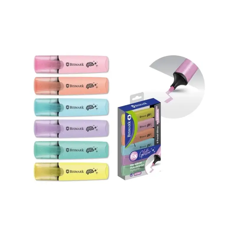 Bismark Pack de 6 Marcadores Fluorescentes Glitter Pastel - Tinta de Secado Rapido - Punta Biselada - Ideal para Subrayar y Resa