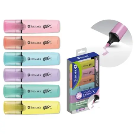 Bismark Pack de 6 Marcadores Fluorescentes Glitter Pastel - Tinta de Secado Rapido - Punta Biselada - Ideal para Subrayar y Resa