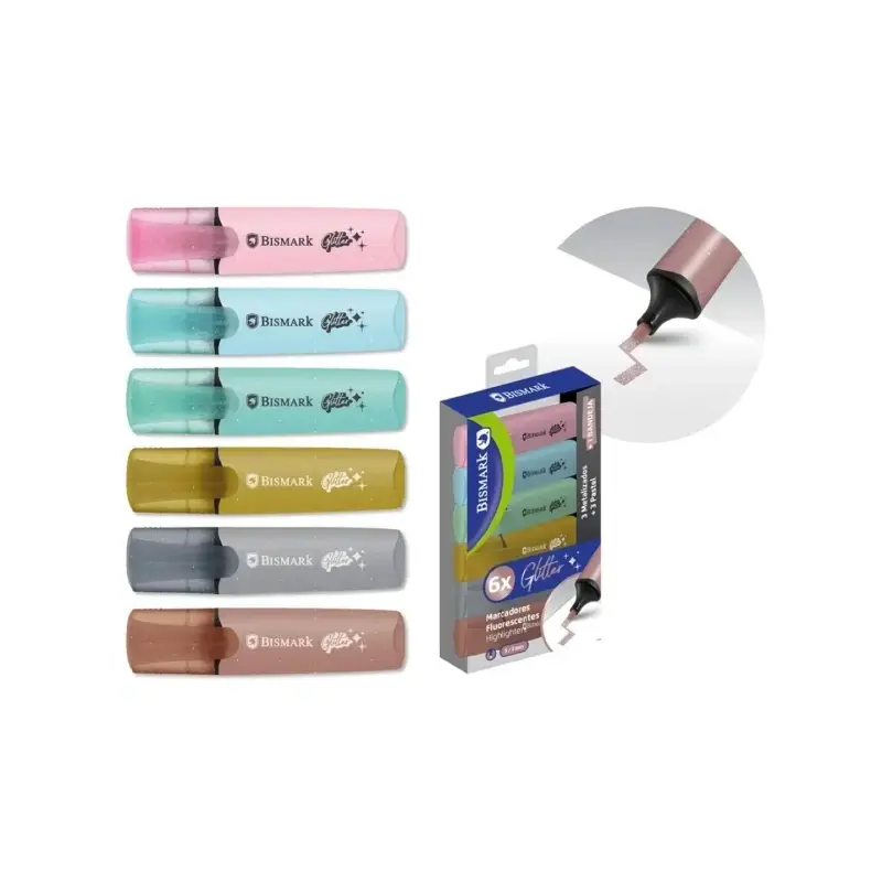 Bismark Pack de 6 Marcadores Fluorescentes Glitter - 3x Pastel y 3x Metalizados - Tinta de Secado Rapido - Punta Biselada - Idea