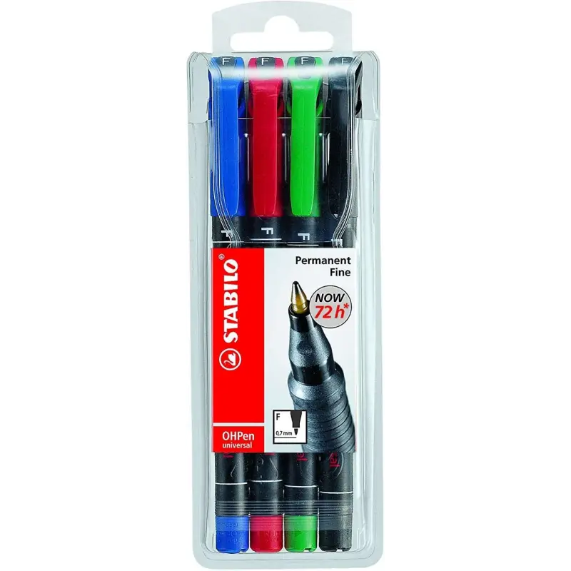 Stabilo OHPen Pack de 4 Rotuladores Permanentes - Punta Fina - Trazo de 0.7mm - Agarre Antideslizante - Tapon Ventilado - Colore
