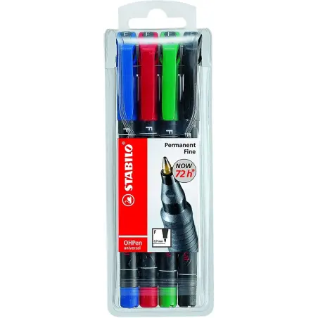 Stabilo OHPen Pack de 4 Rotuladores Permanentes - Punta Fina - Trazo de 0.7mm - Agarre Antideslizante - Tapon Ventilado - Colore