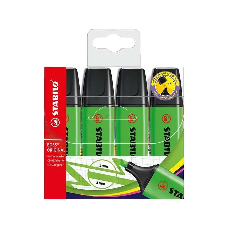 Stabilo Boss 70 Pack de 4 Marcadores Fluorescentes - Trazo entre 2 y 5mm - Recargable - Tinta con Base de Agua - Color Verde | A
