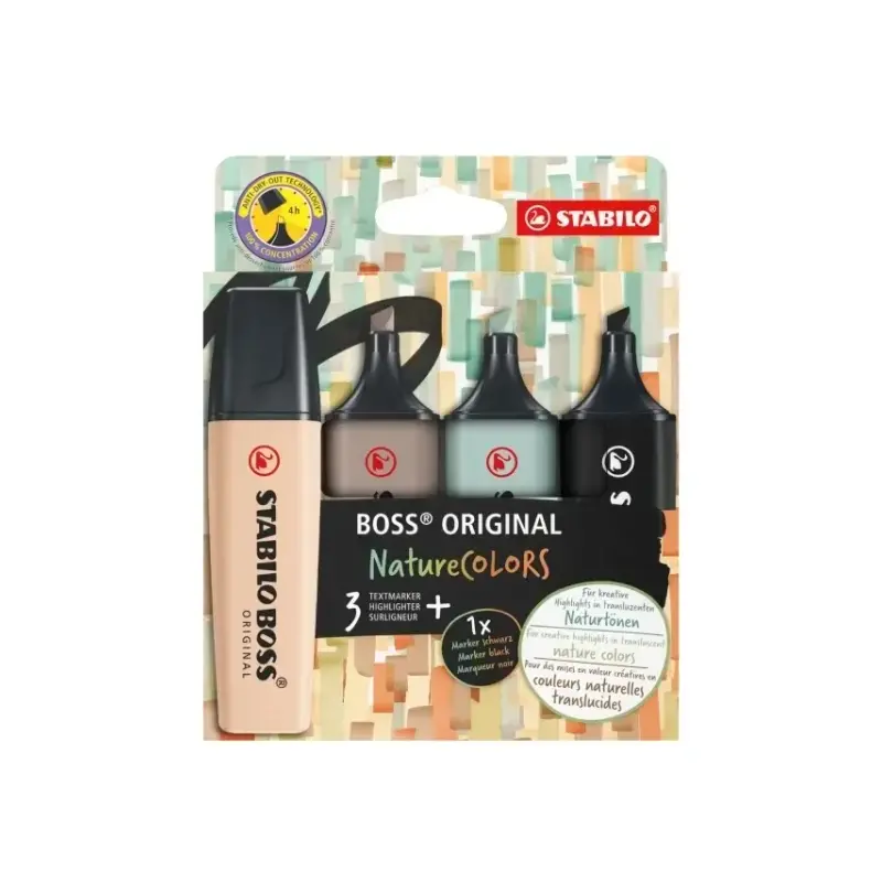 Stabilo Boss Naturecolors Pack de 4 Marcadores - Trazo entre 2 y 5mm - Tinta con Base de Agua - Colores Negro, Beige, Gris Calid