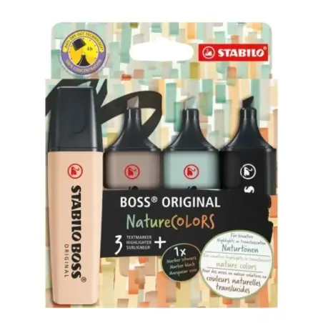Stabilo Boss Naturecolors Pack de 4 Marcadores - Trazo entre 2 y 5mm - Tinta con Base de Agua - Colores Negro, Beige, Gris Calid