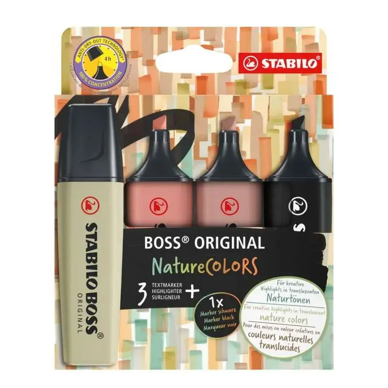 Stabilo Boss Naturecolors Pack de 4 Marcadores - Trazo entre 2 y 5mm - Tinta con Base de Agua - Colores Negro, Ocre Oscuro, Sien