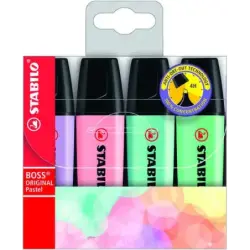 Stabilo Boss 70 Pastel Pack de 4 Rotuladores Marcadores Fluorescentes - Trazo entre 2 y 5mm - Recargable - Tinta con Base de Agu