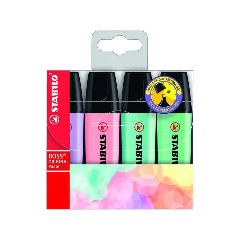 Stabilo Boss 70 Pastel Pack de 4 Rotuladores Marcadores Fluorescentes - Trazo entre 2 y 5mm - Recargable - Tinta con Base de Agu