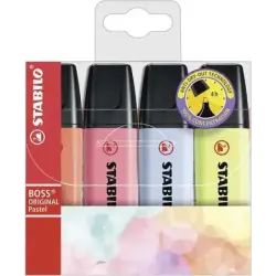 Stabilo Boss 70 Pastel Pack de 4 Marcadores Fluorescentes - Trazo entre 2 y 5mm - Recargable - Tinta con Base de Agua - Colores