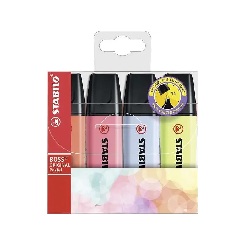 Stabilo Boss 70 Pastel Pack de 4 Marcadores Fluorescentes - Trazo entre 2 y 5mm - Recargable - Tinta con Base de Agua - Colores