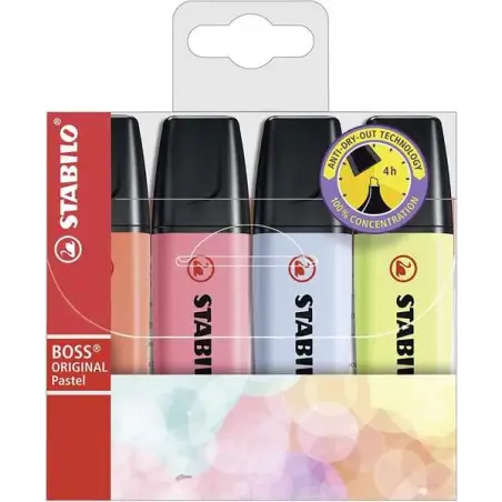 Stabilo Boss 70 Pastel Pack de 4 Marcadores Fluorescentes - Trazo entre 2 y 5mm - Recargable - Tinta con Base de Agua - Colores