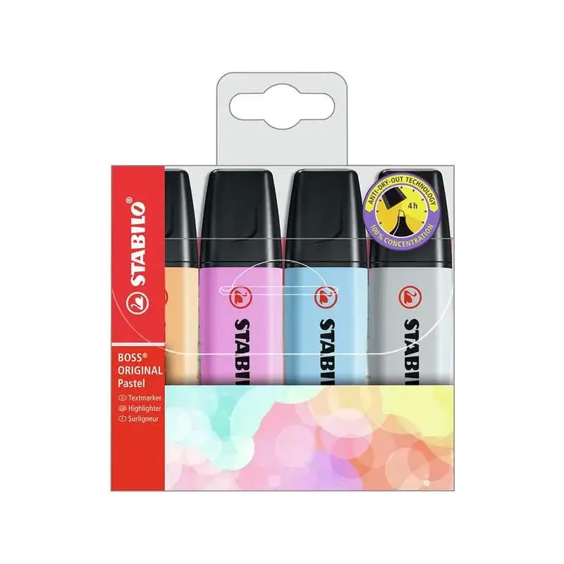 Stabilo Boss 70 Pastel Pack de 4 Marcadores Fluorescentes - Trazo entre 2 y 5mm - Recargable - Tinta con Base de Agua - Colores
