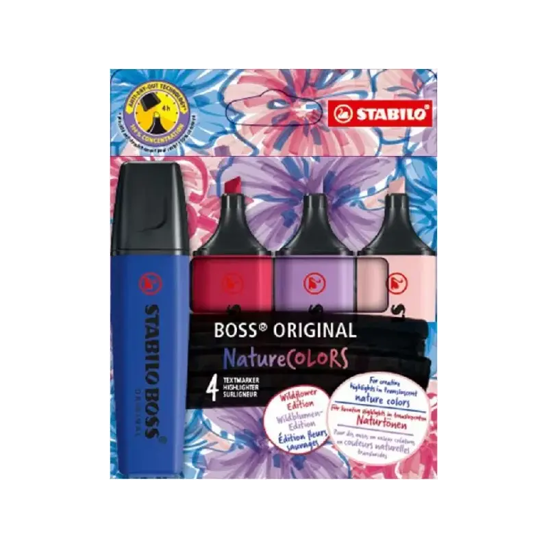 Stabilo Boss Naturecolors Wildflower Edition Pack de 4 Marcadores - Trazo entre 2 y 5mm - Tinta con Base de Agua - Colores Azul