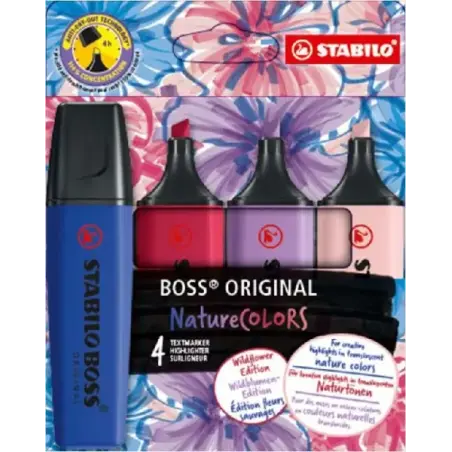 Stabilo Boss Naturecolors Wildflower Edition Pack de 4 Marcadores - Trazo entre 2 y 5mm - Tinta con Base de Agua - Colores Azul