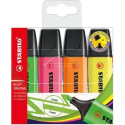 Stabilo Boss 70 Pack de 4 Marcadores Fluorescentes - Trazo entre 2 y 5mm - Recargable - Tinta con Base de Agua - Colores Surtido