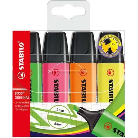 Stabilo Boss 70 Pack de 4 Marcadores Fluorescentes - Trazo entre 2 y 5mm - Recargable - Tinta con Base de Agua - Colores Surtido