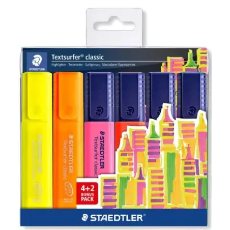 Staedtler Textsurfer Classic 364 Pack de 6 Marcadores Fluorescentes - Secado Rapido - Trazo 1 - 5mm Aprox - Colores Surtidos | A