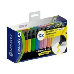 Bismark Long-Life Pack de 12 Marcadores Fluorescentes - Punta Biselada 2 - 5mm Aprox - Tinta Base de Agua - Larga Duracion - Col