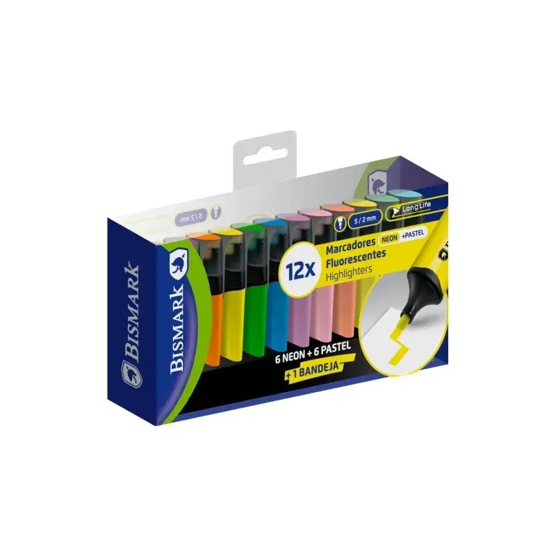 Bismark Long-Life Pack de 12 Marcadores Fluorescentes - Punta Biselada 2 - 5mm Aprox - Tinta Base de Agua - Larga Duracion - Col