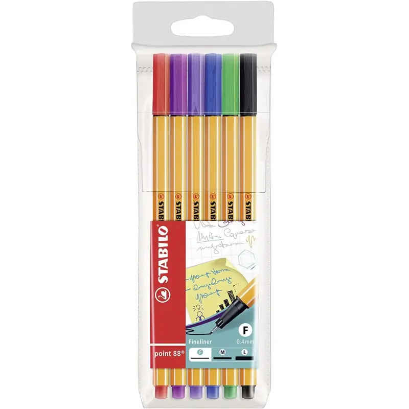 Stabilo Point 88 Pack de 6 Rotuladores de Punta Fina de Fibra - Trazo de 0.4 mm - Tinta con Base de Agua - Colores Surtidos | Ah