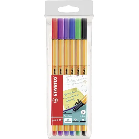Stabilo Point 88 Pack de 6 Rotuladores de Punta Fina de Fibra - Trazo de 0.4 mm - Tinta con Base de Agua - Colores Surtidos | Ah