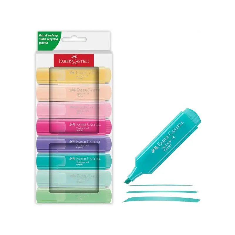 Faber-Castell Textliner 46 Pastel Pack de 8 Marcadores Fluorescentes - Punta Biselada - Trazo entre 1mm y 5mm - Tinta con Base d