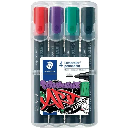 Staedtler Lumocolor 352 Pack de 4 Marcadores Permanentes - Secado Rapido - Practico Estuche de Sobremesa - Colores Rojo, Morado,