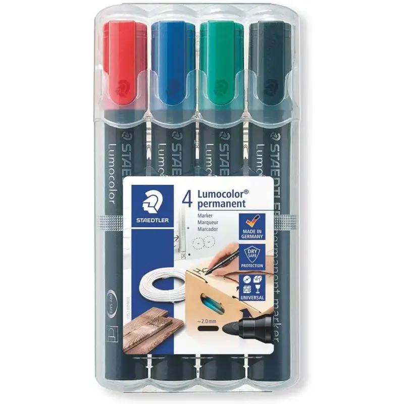 Staedtler Lumocolor 352 Pack de 4 Marcadores Permanentes - Secado Rapido - Practico Estuche de Sobremesa - Colores Rojo, Azul, V