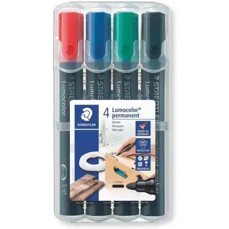 Staedtler Lumocolor 352 Pack de 4 Marcadores Permanentes - Secado Rapido - Practico Estuche de Sobremesa - Colores Rojo, Azul, V