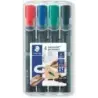 Staedtler Lumocolor 352 Pack de 4 Marcadores Permanentes - Secado Rapido - Practico Estuche de Sobremesa - Colores Rojo, Azul, V