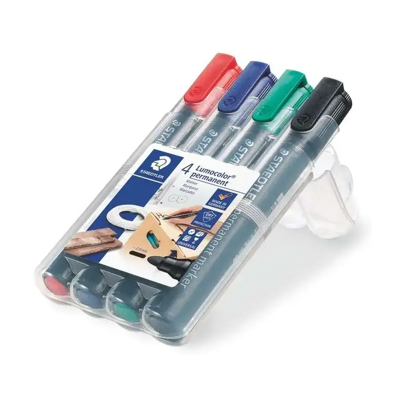 Staedtler Lumocolor 352 Pack de 4 Marcadores Permanentes - Secado Rapido - Practico Estuche de Sobremesa - Colores Rojo, Azul, V