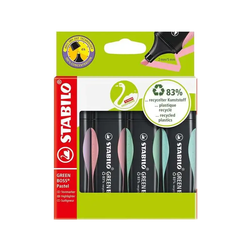Stabilo Green Boss Pastel Pack de 4 Marcadores Fluorescentes - Fabricado con un 83% de Plastico Reciclado - Trazo entre 2 y 5mm