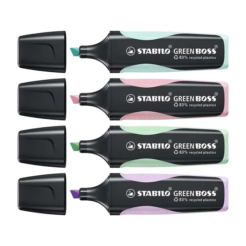 Stabilo Green Boss Pastel Pack de 4 Marcadores Fluorescentes - Fabricado con un 83% de Plastico Reciclado - Trazo entre 2 y 5mm