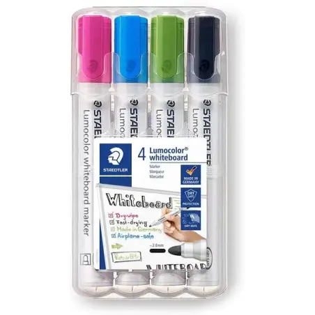Staedtler Lumocolor 351 Pack de 4 Marcadores para Pizarra Blanca - Secado Rapido - Colores Surtidos | Ahorro Imprimiendo