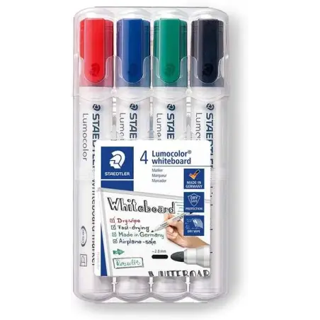Staedtler Lumocolor 351 Pack de 4 Marcadores para Pizarra Blanca - Secado Rapido - Colores Surtidos | Ahorro Imprimiendo