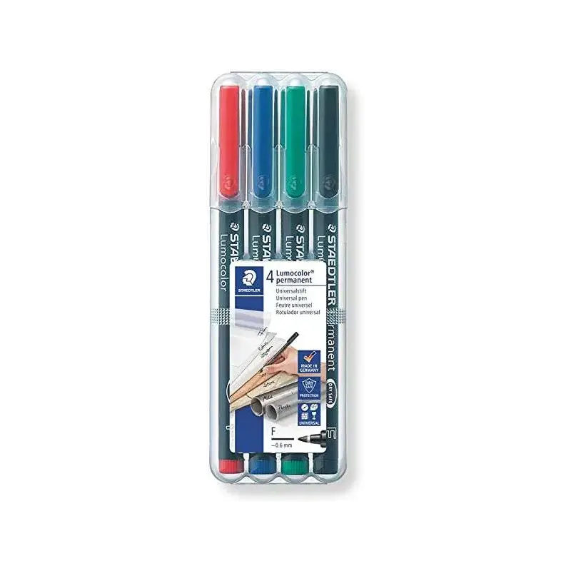 Staedtler Lumocolor 318 Pack de 4 Rotuladores Permanentes - Punta Fina Redonda - Trazo 0.6mm - Capuchon con Clip - Secado Rapido