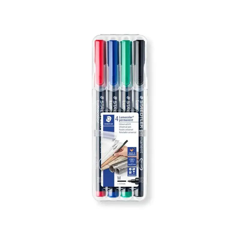 Staedtler Lumocolor 317 Pack de 4 Rotuladores Permanentes - Punta Media Redonda - Trazo 1mm Aprox - Capuchon con Clip - Secado R