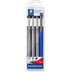 Staedtler Pigment Liner 308 Pack de 3 Rotuladores Calibrados 0,2 0,4 y 0,8mm + 1 Portaminas 0.5mm - Secado Rapido - Color Negro