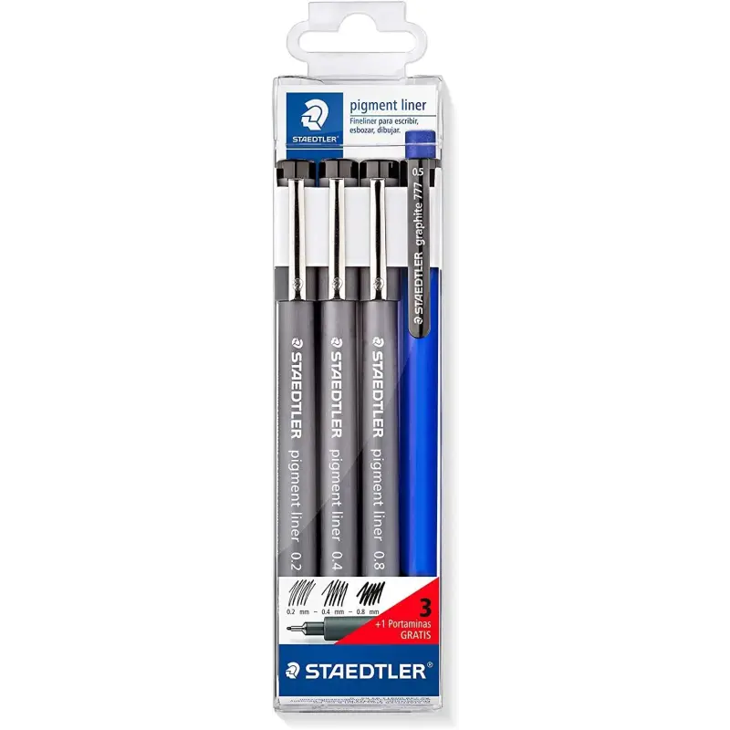 Staedtler Pigment Liner 308 Pack de 3 Rotuladores Calibrados 0,2 0,4 y 0,8mm + 1 Portaminas 0.5mm - Secado Rapido - Color Negro
