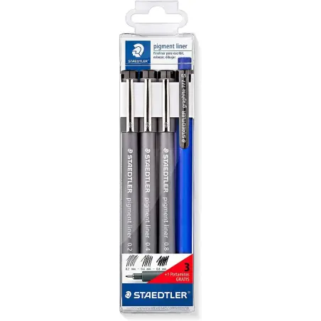Staedtler Pigment Liner 308 Pack de 3 Rotuladores Calibrados 0,2 0,4 y 0,8mm + 1 Portaminas 0.5mm - Secado Rapido - Color Negro