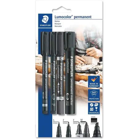 Staedtler Lumocolor Permanent Pack con 4 Rotuladores Permanentes - Diferentes Puntas - Resistente al Agua - Recargables - Color