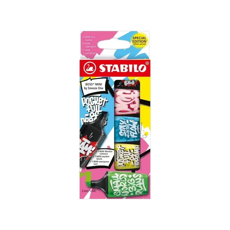 Stabilo Boss Mini by Snooze One Pack de 5 Mini Marcadores Fluorescentes - Trazo entre 2 y 5mm - Tinta con Base de Agua - Antisec