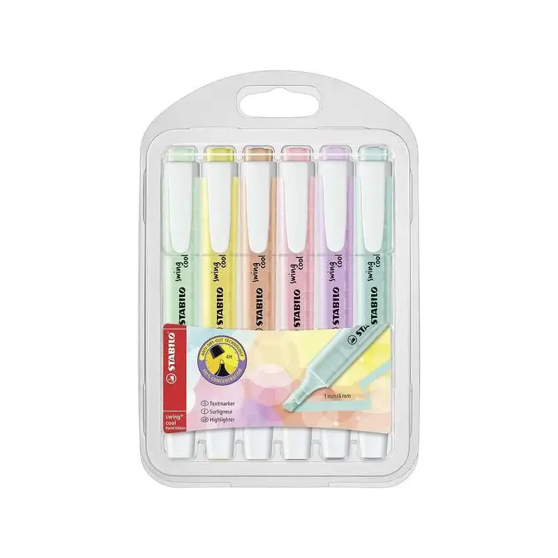 Stabilo Swing Cool Pastel Pack de 6 Marcadores Fluorescentes - Cuerpo Plano - Punta Biselada - Trazo entre 1 y 4mm - Tinta con B