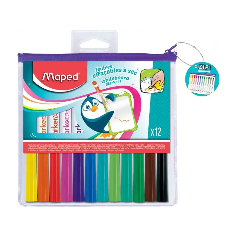 Maped Marker'Peps Pack de 12 Rotuladores para Pizarra Blanca - Punta de Bala 1.5mm - Borrado en Seco - Practica Bolsa con Cremal