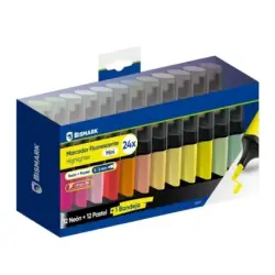 Bismark Long-Life Set de Mesa con 24 Mini Marcadores Fluorescentes - 12x Neon y 12x Pastel - Tinta de Secado Rapido - Punta Bise