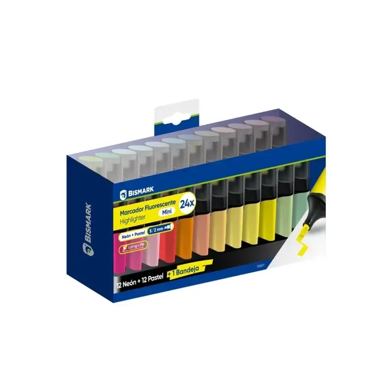 Bismark Long-Life Set de Mesa con 24 Mini Marcadores Fluorescentes - 12x Neon y 12x Pastel - Tinta de Secado Rapido - Punta Bise